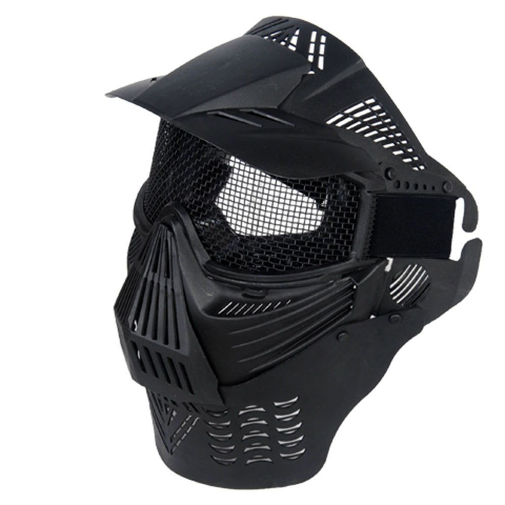 Black full-face mask featuring mesh goggles and a removable neck protector, designed for safety and comfort during airsoft and outdoor activities