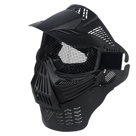 Black full-face mask featuring mesh goggles and a removable neck protector, designed for safety and comfort during airsoft and outdoor activities