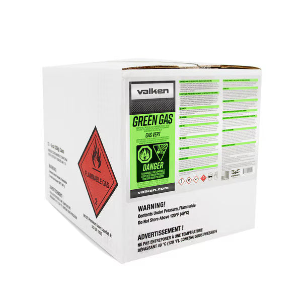 Case of 12 Valken 8 oz Airsoft Green Gas cans for gas blowback pistols and rifles with silicone lubricant for reliable performance.