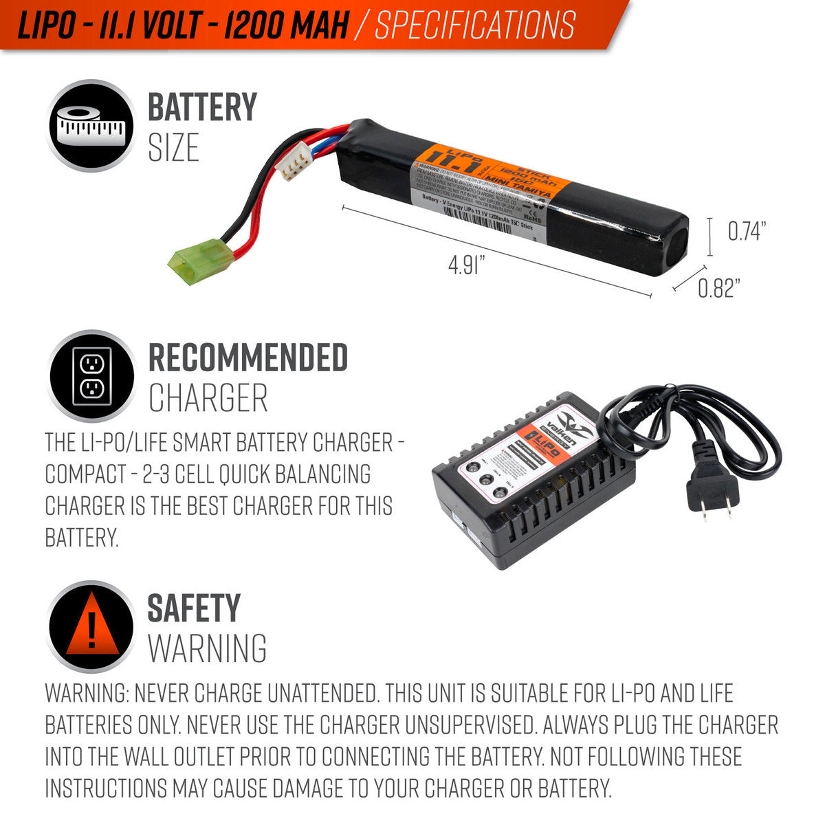 Valken LiPo 11.1v 1200mAh 15C/30C Stick Airsoft Battery (Small Tamiya)