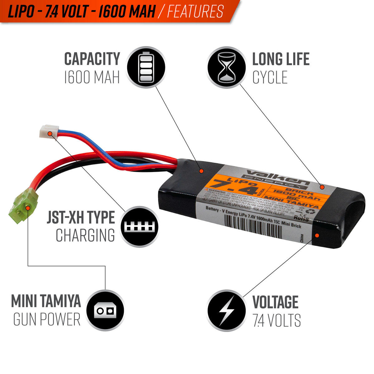 Valken Li-Po 7.4v 1600mAh 15C Brick Airsoft Battery (Small Tamiya)