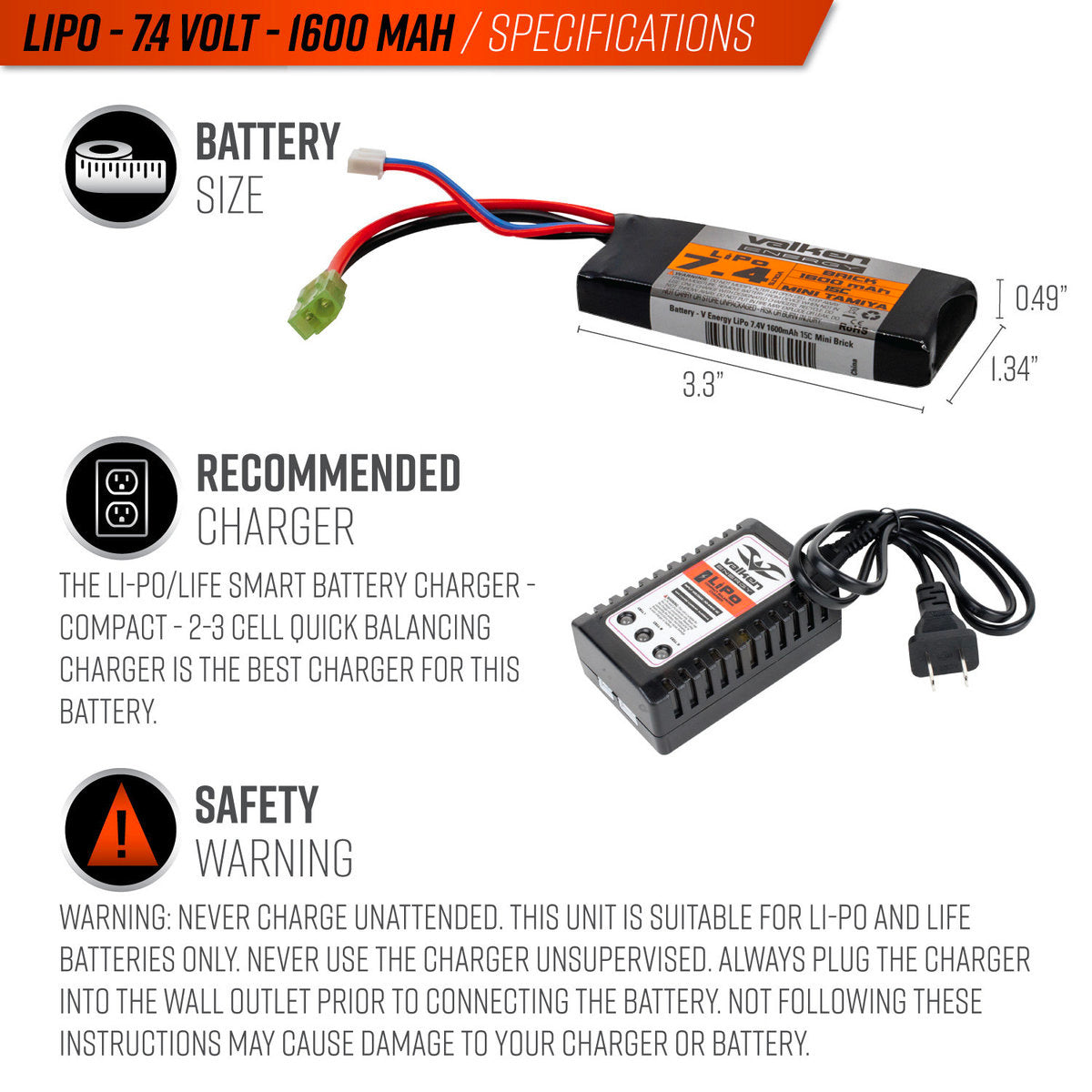 Valken Li-Po 7.4v 1600mAh 15C Brick Airsoft Battery (Small Tamiya)