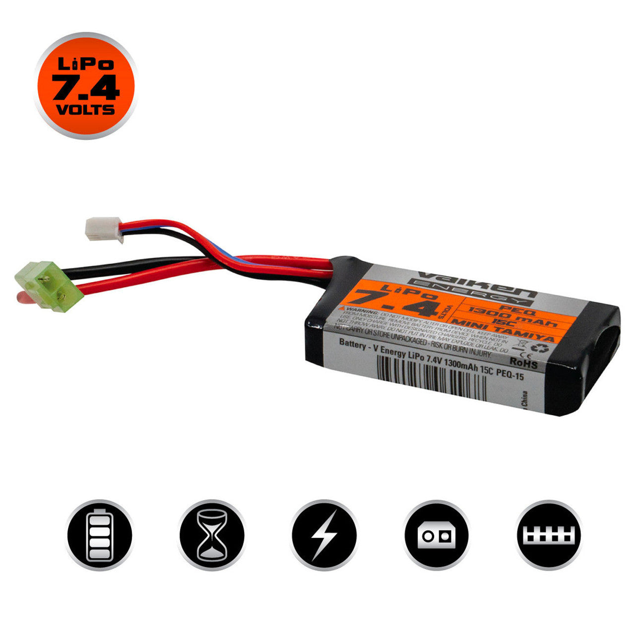 Valken LiPo 7.4v 1300mAh 15C PEQ Airsoft Battery (Small Tamiya)