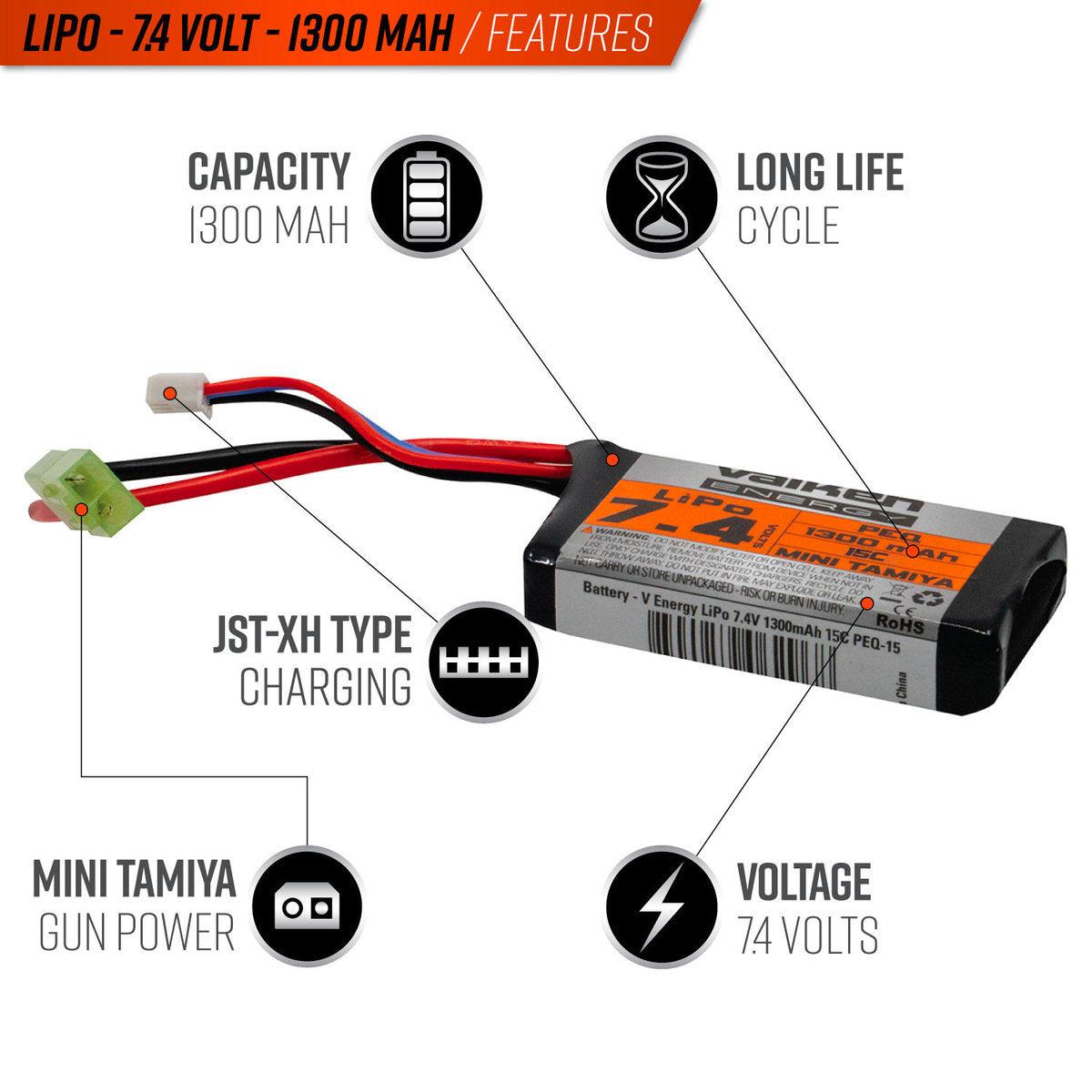 Valken LiPo 7.4v 1300mAh 15C PEQ Airsoft Battery (Small Tamiya)