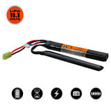 Alt text: Valken LiPo 11.1V 1200mAh 15C/30C split airsoft battery with small Tamiya connector