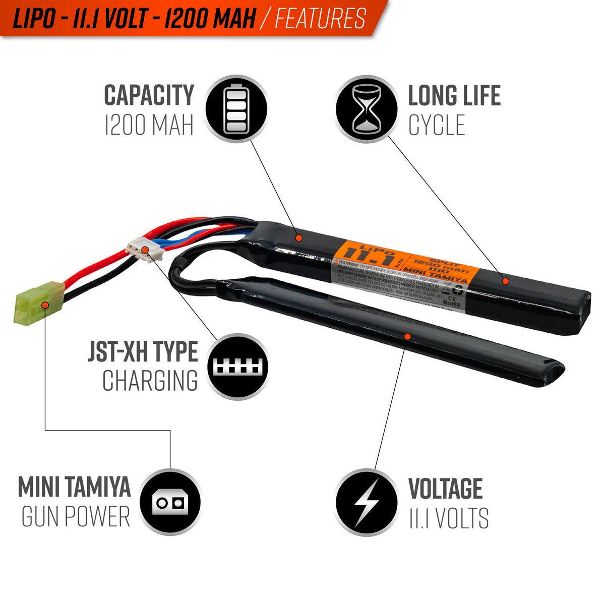 Valken LiPo 11.1v 1200mAh 15C/30C Split Airsoft Battery (Small Tamiya)