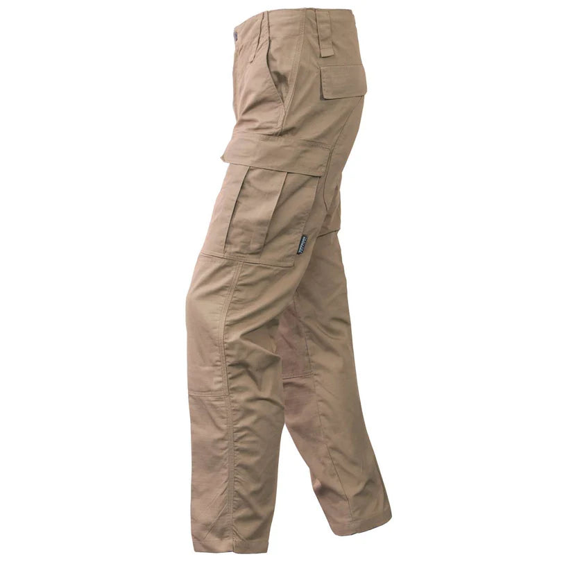 Tippmann Tactical TDU Pants Tan, left-side view showing back panel, side profile, and thigh pocket.