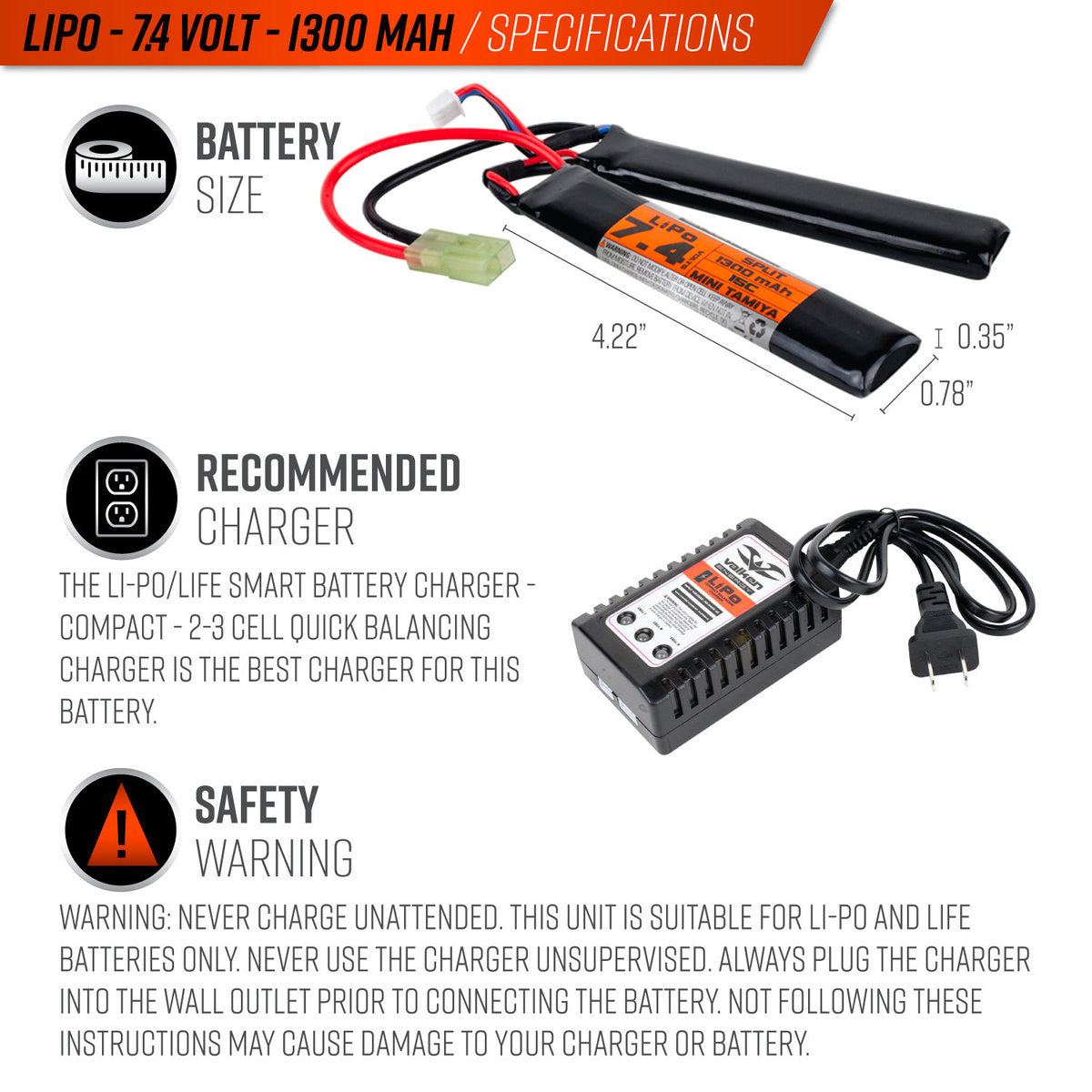 Valken LiPo 7.4v 1300mAh 15C/30C Split Airsoft Battery (Small Tamiya)