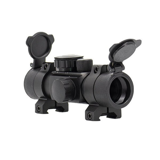 Valken 1x30 Multi-Reticle Red Dot Sight right side view with scope covers flipped up and side and top adjustment dialers