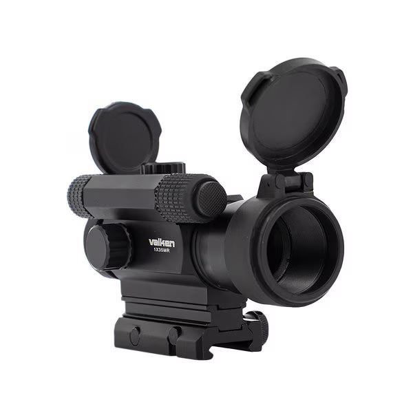 Valken 1x35 Multi-Reticle Red/Green Red Dot Sight (3 MOA) – Matte Black right angel view showing scope covers up and red dot unit and mounting rail