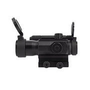 Valken 1x35 Multi-Reticle Red/Green Red Dot Sight (3 MOA) – Matte Black left side view with scope covers up and adjustment dials, mounting rail and screws 