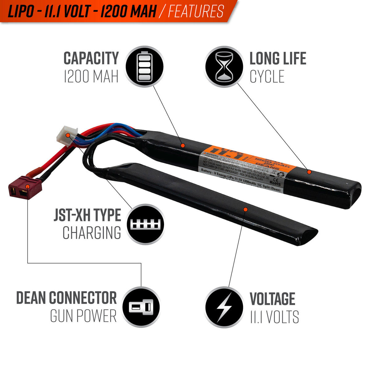 Valken LiPo 11.1v 1200mAh 15C/30C Split Airsoft Battery (Dean)