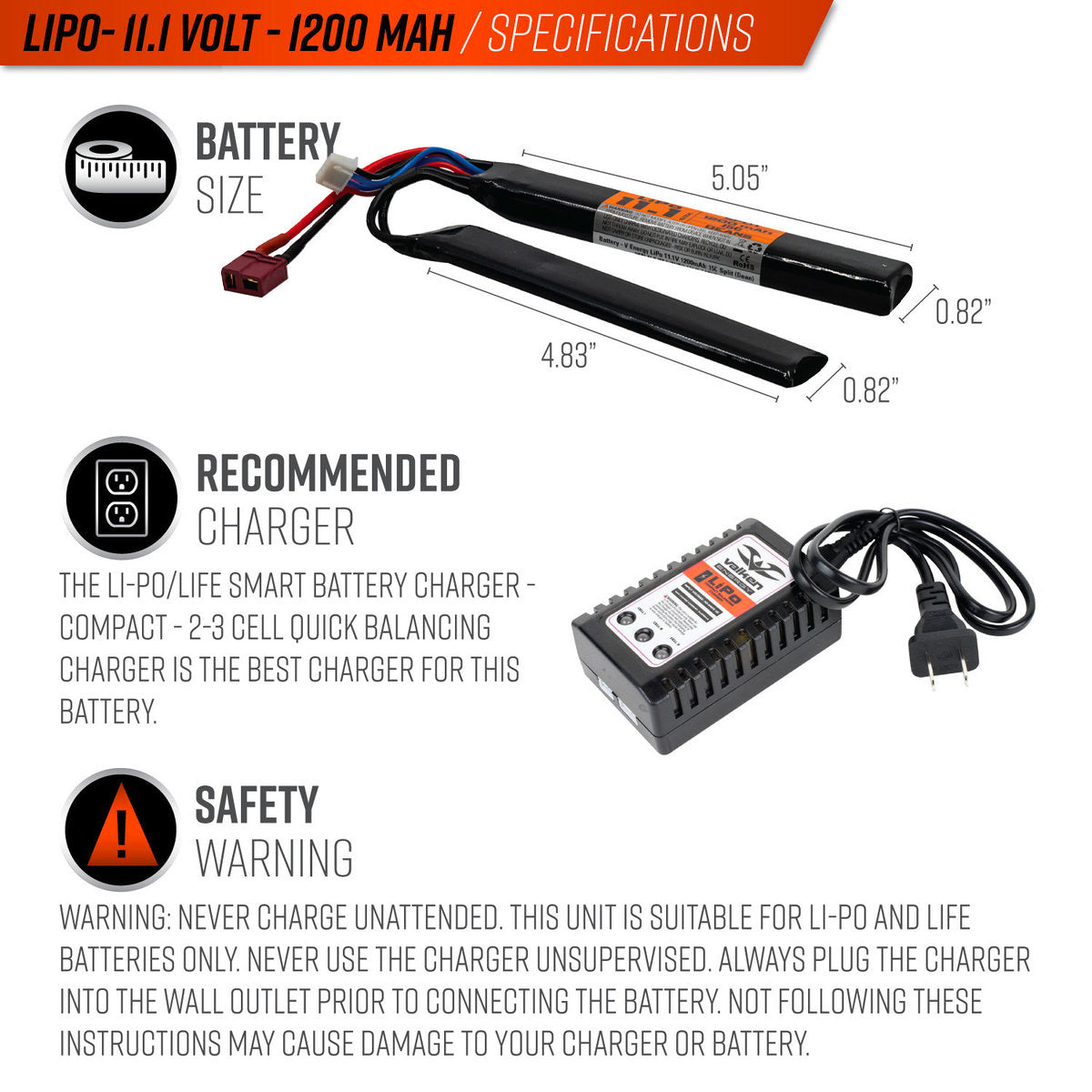 Valken LiPo 11.1v 1200mAh 15C/30C Split Airsoft Battery (Dean)