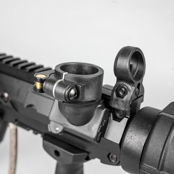 close up view of feed neck of Valken SW-1 Blackhawk Whiskey Rig Paintball Marker