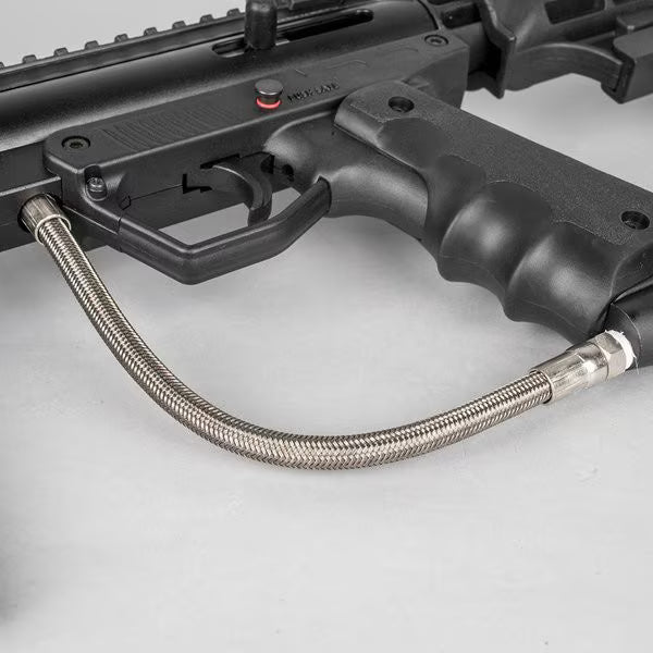 Valken SW‑1 Blackhawk Tango Rig .68 Cal Tactical Paintball Marker with 12-inch ported barrel, vertical foregrip, collapsible stock, and stainless air line for HPA or CO₂ use