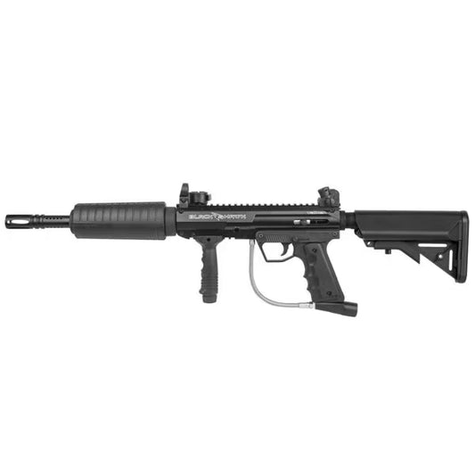 Valken SW‑1 Blackhawk Foxtrot Rig .68 Cal Tactical Paintball Marker with 12-inch ported barrel, collapsible stock, AR-style handguard, and bottom-line air hose