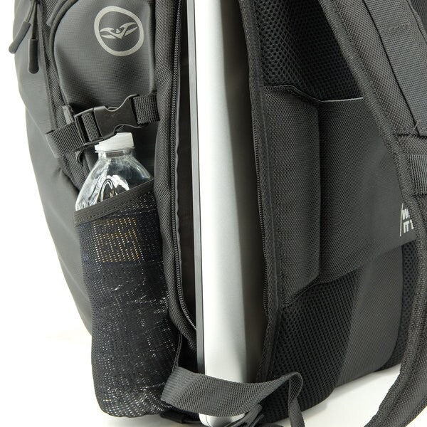 Valken Phantom Tactical Backpack – Black paintball gear bag showing laptop