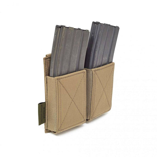 Elastic Double Rifle Magazine Pouch in Tan, designed to hold up to two rifle magazines, featuring durable Cordura material, elastic bands for secure hold, and ALICE clips for MOLLE webbing compatibility.