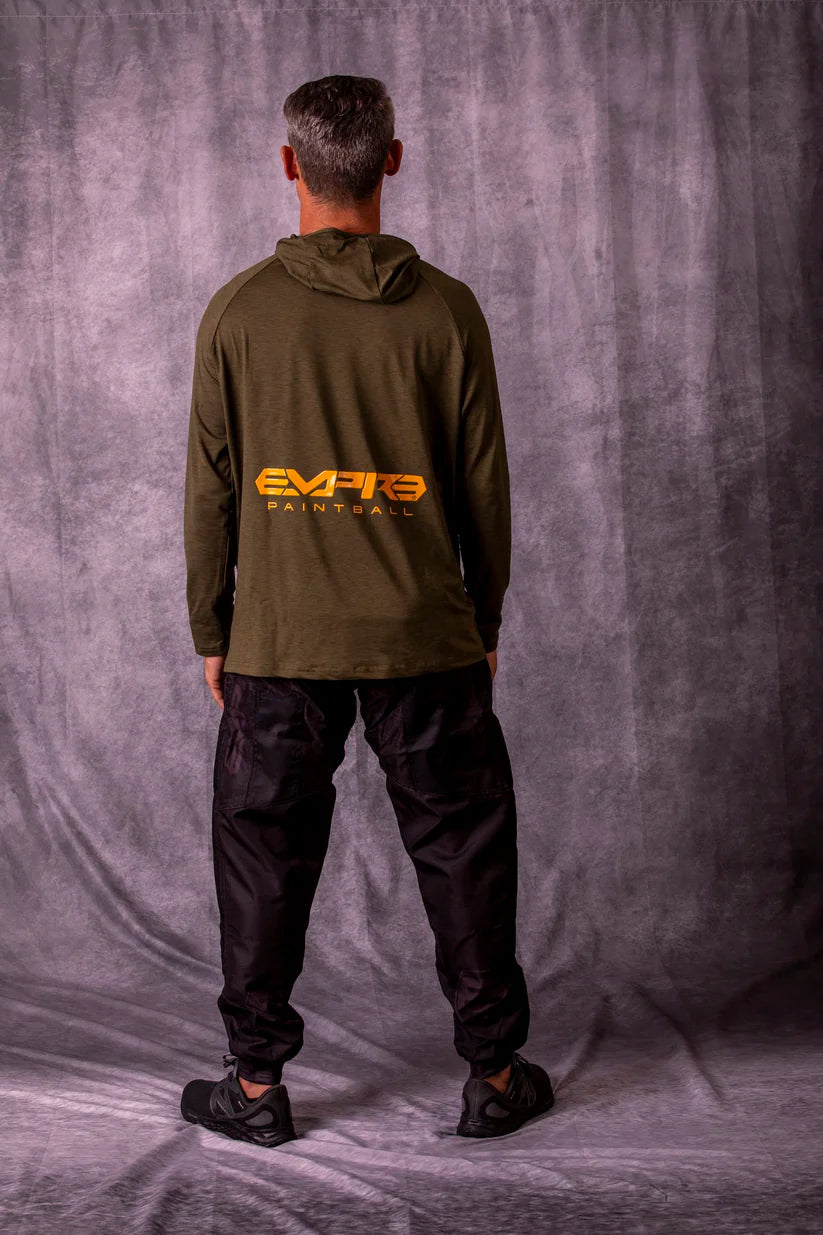 Empire Venture Breeze Hoodie - Pine - Orange back side view with orange Empire logo and text paintball