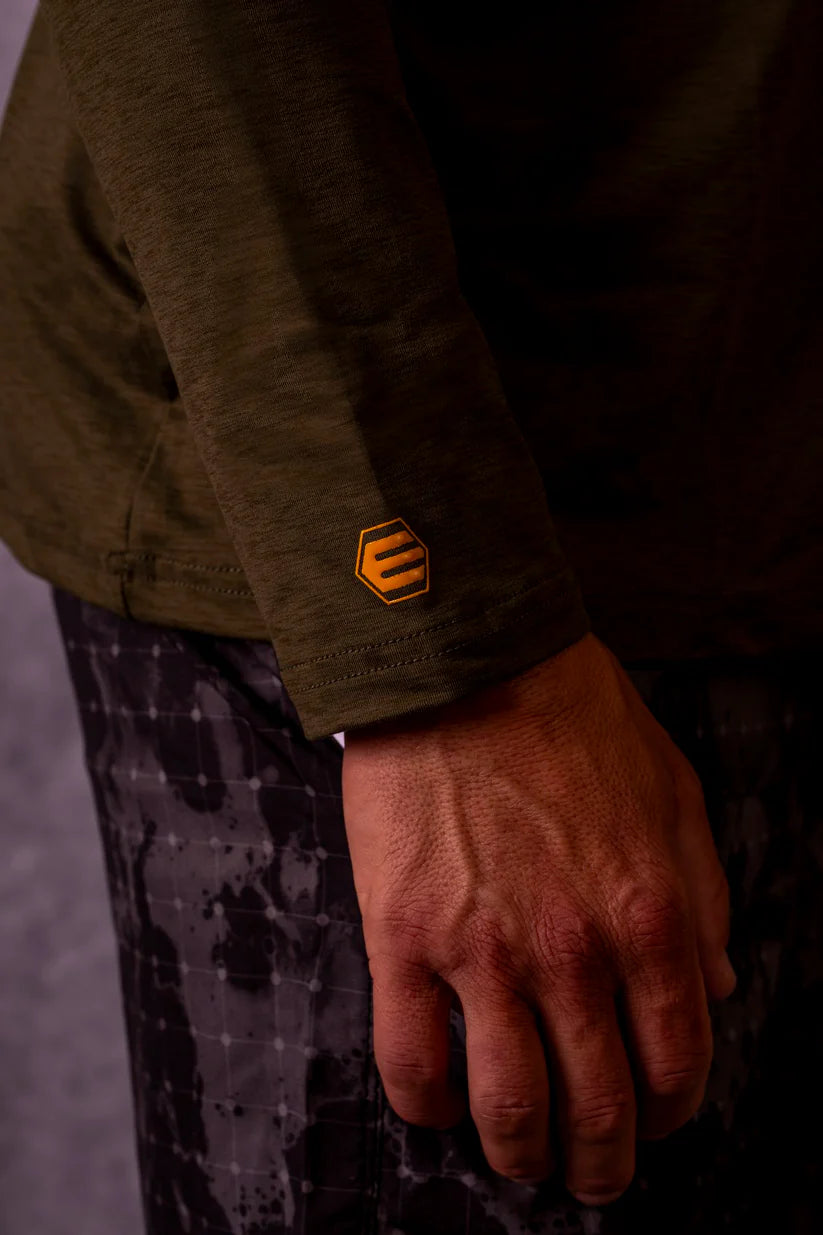 Empire Venture Breeze Hoodie - Pine - Orange view of right-side sleeve with orange E symbol 