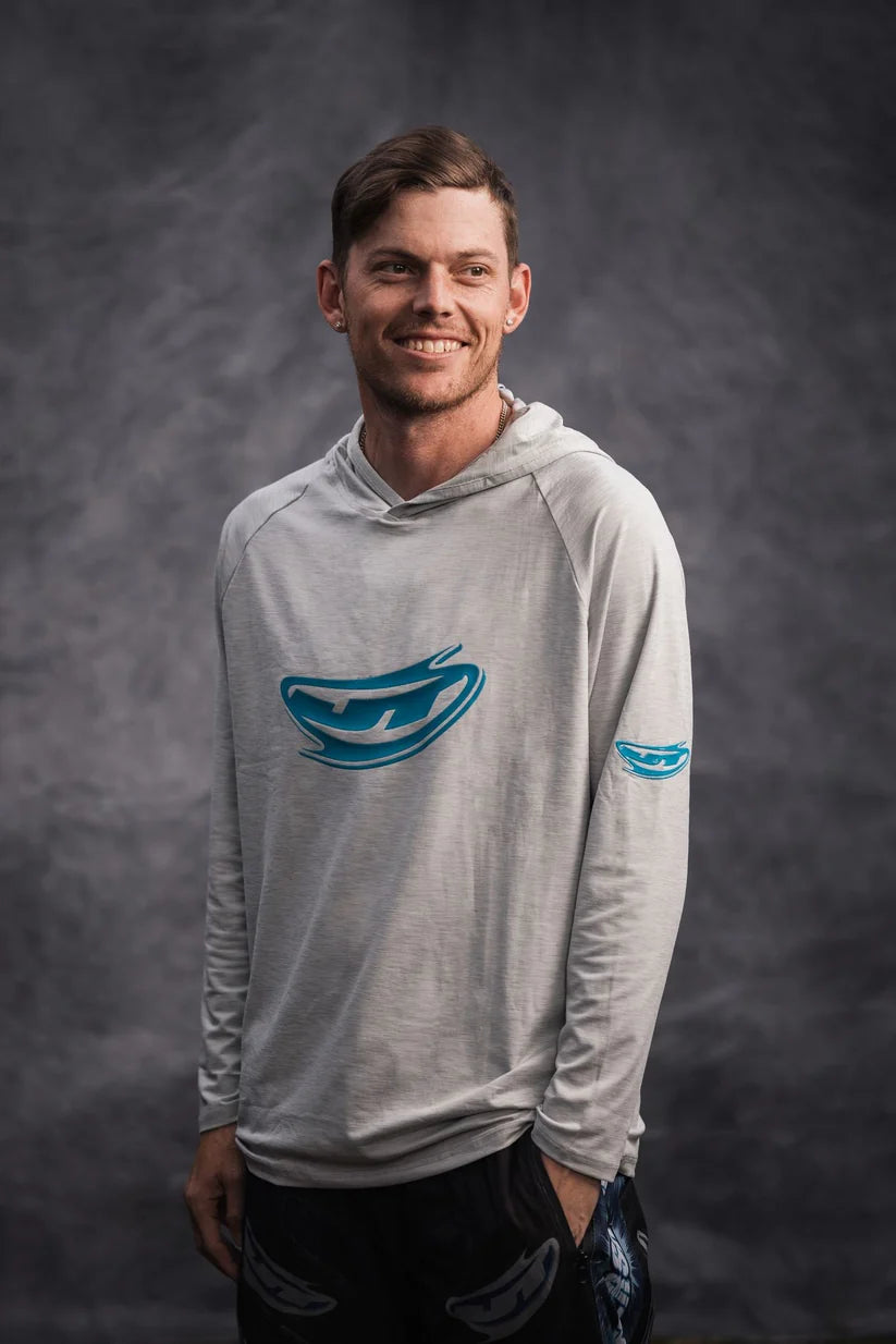JT Venture Breeze Hoody in Grey with Blue JT logo, lightweight athletic performance hoodie with four-way stretch fabric.