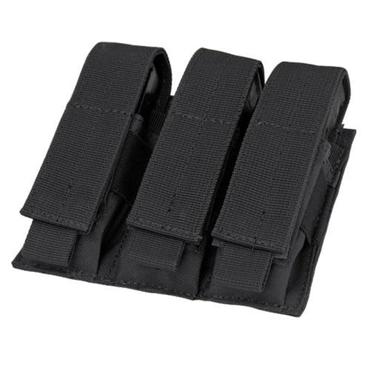 "Image of the Condor MA52 Triple Pistol Mag Pouch in Black, showing its durable 1000 Denier Cordura construction with adjustable hook-and-loop closure. The pouch holds three pistol magazines and is MOLLE compatible for easy attachment to tactical gear.