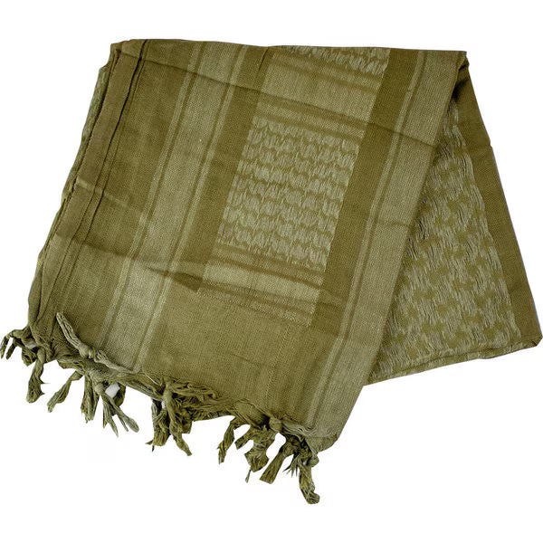 Olive Valken shemagh worn as head wrap for outdoor and airsoft