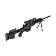Spring Airsoft Sniper Rifle Gun W/ Scope Laser Light Bipod 350 FPS side view of the foldable stock, mock scope, laser, bipod, and muzzle 