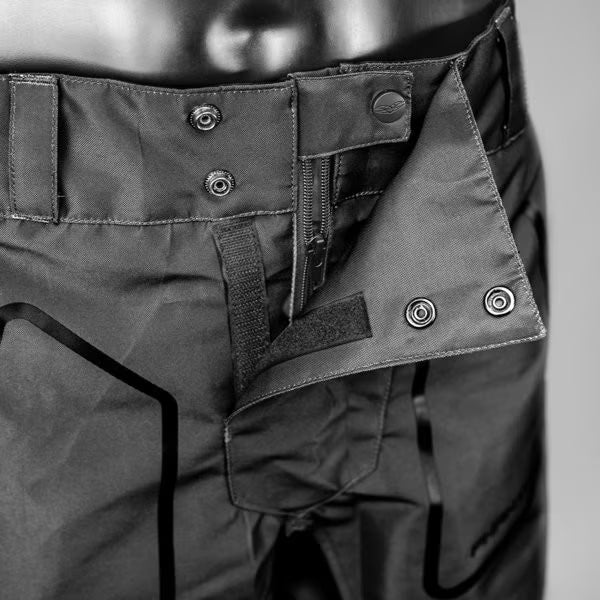 Valken Phantom tactical pant's front view of zipper, buttons, and Velcro 