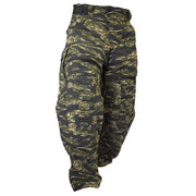 Close-up of reinforced knee panels and 4-way stretch fabric on Valken ZULU PRO Tiger Stripe pants