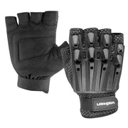 Valken Alpha Half Finger Tactical Gloves with armored knuckle protection, breathable construction, reinforced palm grip, and adjustable wrist closure for airsoft, paintball, shooting, and outdoor tactical use.