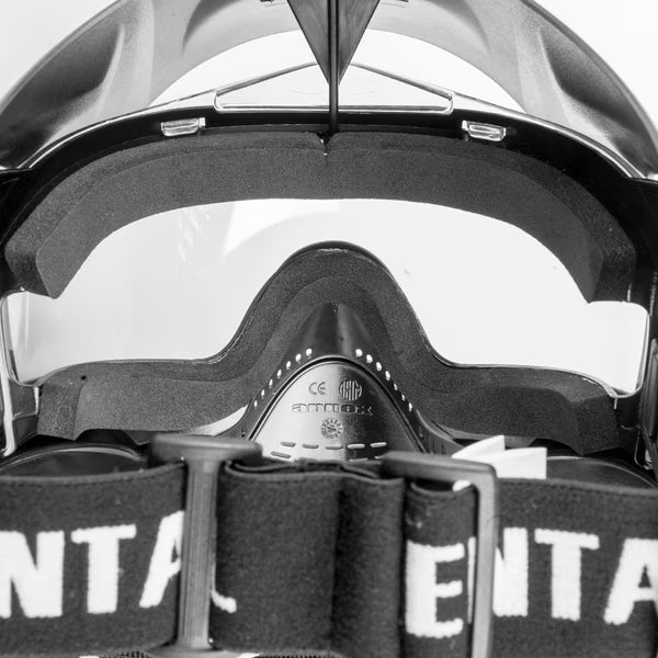 Close-up of anti-fog single lens and adjustable strap on Valken MI-3 mask