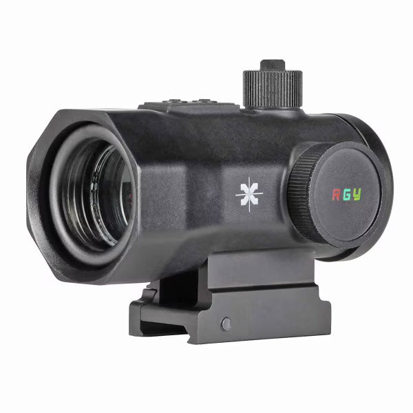 Axeon RGY dot sight showing red green and yellow illuminated reticle