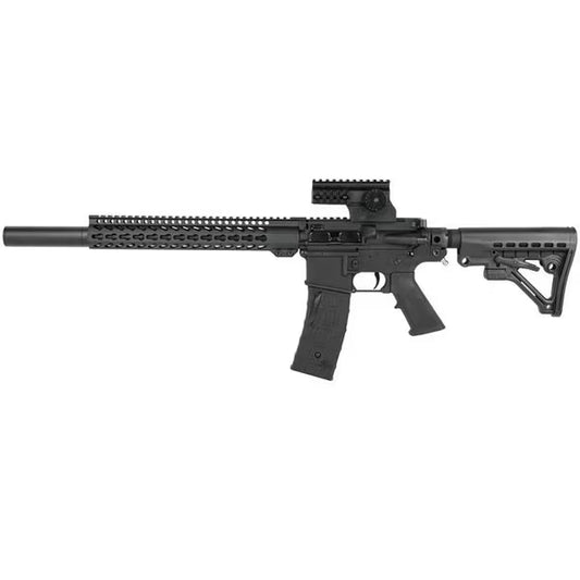 First Strike T15 DMR Paintball Marker with tactical magfed design, 14-inch rifled barrel, mock suppressor, and adjustable stock for precision sharpshooting.