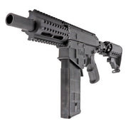 Close-up of the Valken M17 Magfed Paintball Marker receiver, magazine well, and Picatinny rail