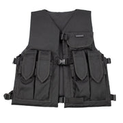 Valken Bravo Padded Paintball Vest in black featuring adjustable straps, multiple utility pockets, and lightweight protective padding.