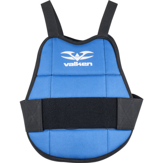 Front view of the Valken Gotcha Reversible Youth Paintball Chest Protector in blue with lightweight padded protection.