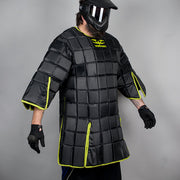 Player wearing the Valken Overshield Zombie Paintball Chest Protector for lightweight full upper body impact protection during paintball.