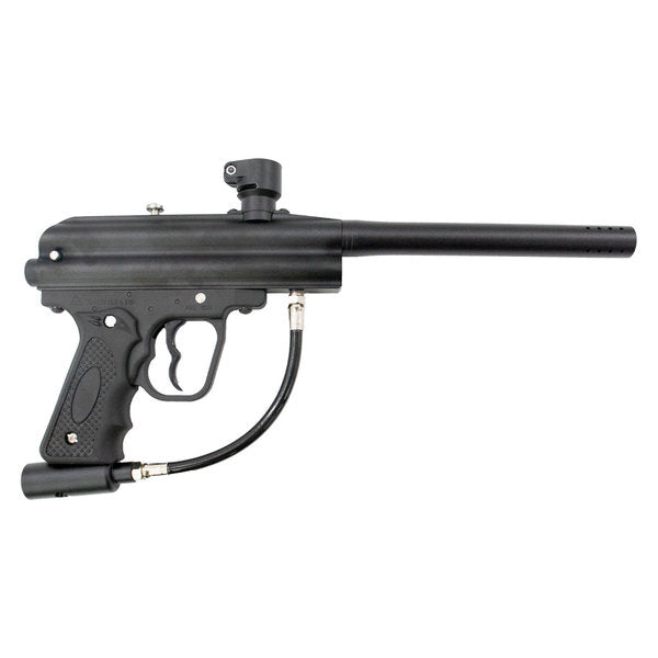 Side profile of Valken Razorback .68 caliber paintball marker with ergonomic grip, clamping feedneck, and tactical styling