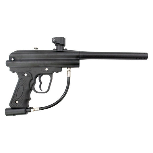 Side profile of Valken Razorback .68 caliber paintball marker with ergonomic grip, clamping feedneck, and tactical styling