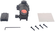 ACW DI Optical PS1 Red Dot Sight package including the reflex unit, Quick Detach (QD) mount, height-adjustment spacer, mounting screws, hex tool, and microfiber cleaning cloth.