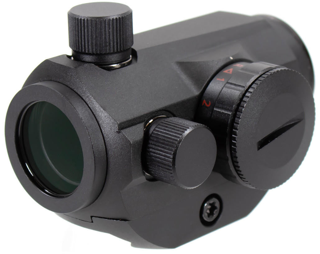 Aim Sports ASI-RTDT125 micro dot sight top view on Weaver Picatinny 1913 rail left angel view with adjustment dialers