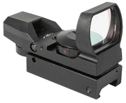 AIM Sports Four-Reticle Red/Green Dot Reflex Sight | Airsoft Red Dot lower right angel view of the red dot screen and adjustment dialer
