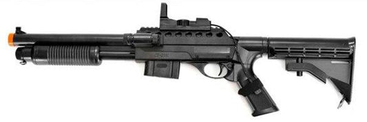 Airsoft spring shotgun with laser sight and flashlight angled side view