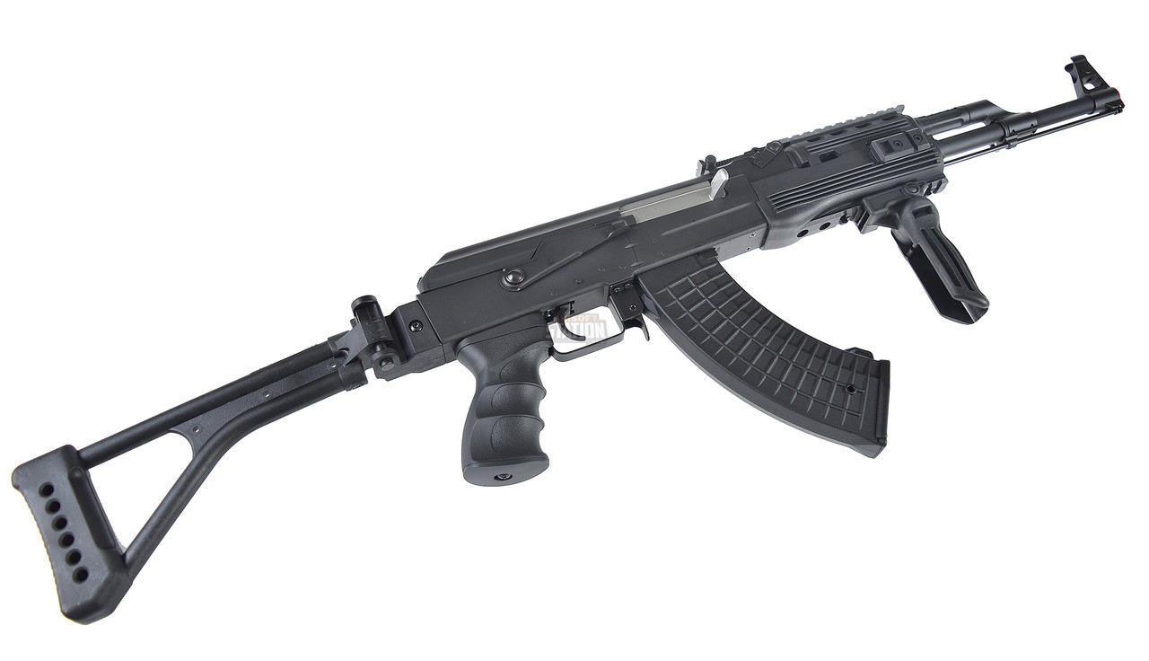 Cybergun AK47 Kalashnikov 60th Anniversary RIS AEG Airsoft Rifle - view of foldable stock, pistol grip, 400 round magazine, and barrel