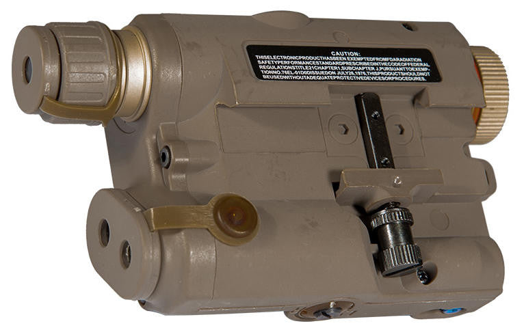 AMA PEQ-15 replica showing white LED flashlight lens and red laser aperture