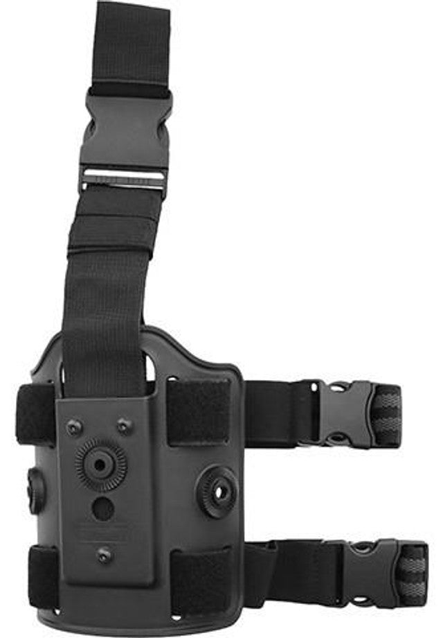 "Image of the Amomax Drop-Leg Platform Holster in black. The holster features durable polymer construction with adjustable straps and buckles for a secure and customizable fit. It has a drop-leg design with a sleek black finish, providing compatibility with IMI-Type fittings and Amomax holsters and magazine pouches