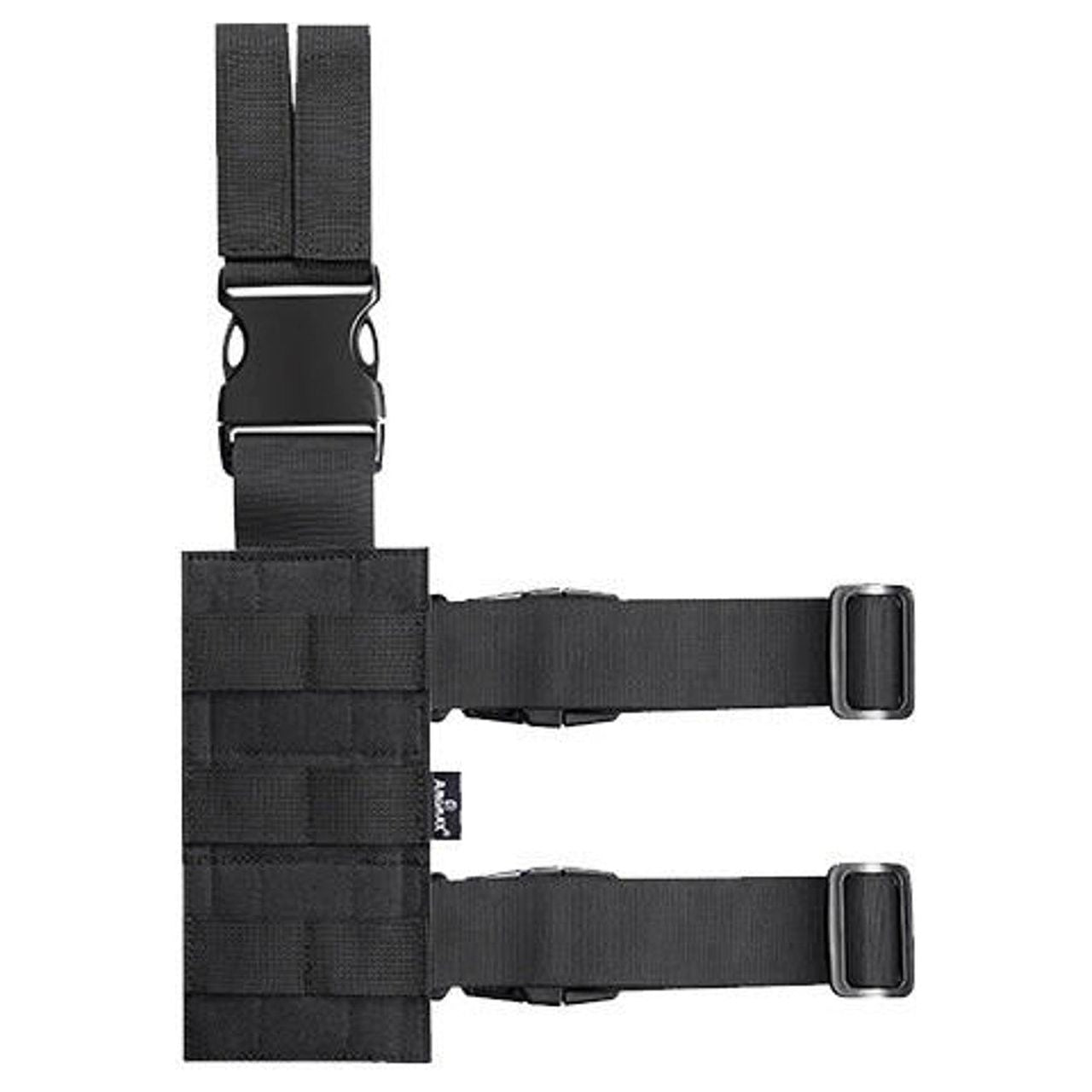 Black Amomax fabric drop leg plate, featuring durable nylon construction, adjustable leg straps with quick-release buckles, and versatile mounting options for secure and reliable carry.