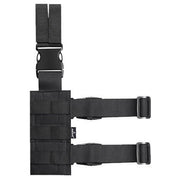 Black Amomax fabric drop leg plate, featuring durable nylon construction, adjustable leg straps with quick-release buckles, and versatile mounting options for secure and reliable carry.