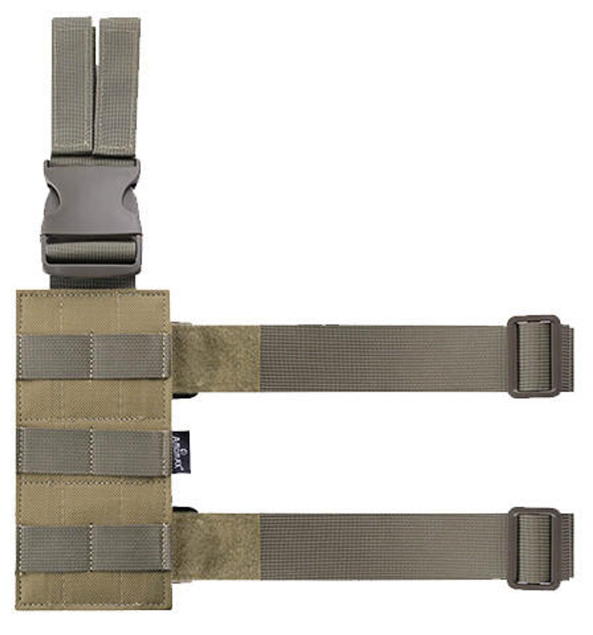 Flat Dark Earth (FDE) Amomax fabric drop leg plate, featuring durable nylon construction, adjustable leg straps with quick-release buckles, and versatile mounting options for secure and reliable carry.